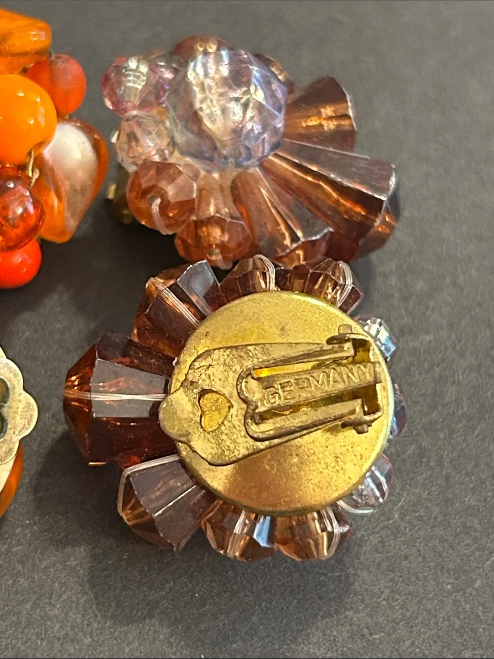 Vintage Cluster Clip-On Earrings - Orange & Amber Tones